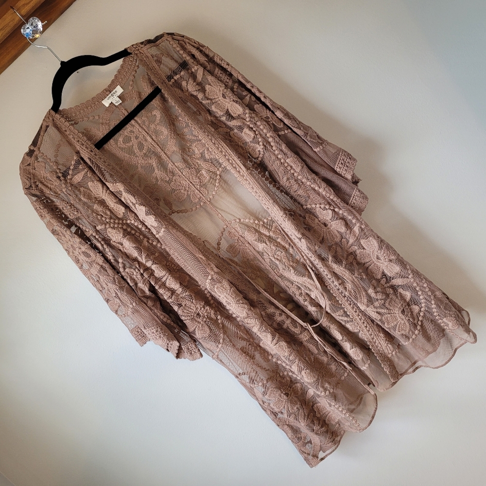 UMGEE Oh Sweet Lace! Mocha Floral Lace Open Front Kimono with Waist Tie - Picture 10 of 10